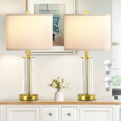 Modern Table Lamps for Bedrooms Set of 2, 22.8" Gold Glass End Table Lamps for Living Room with 3-Color Temperature, White Shade Bedside Nightstand Lamps, None-fillable
