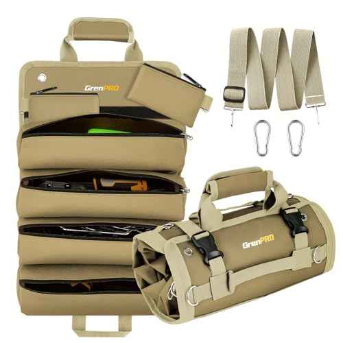Tool Bag Roll Up, Tool Roll Portable Foldable Tool Storage with 2 Detachable Pouches, Soft Rollable Tool Pouch for Mechanics, Electricians, DIY, Gifts for Dad, Men Birthday Gift, Khaki
