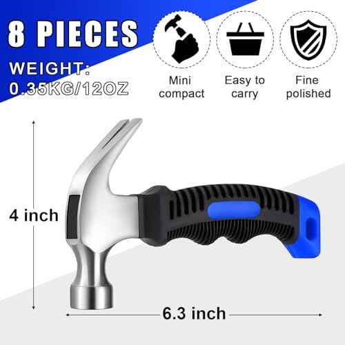 8 Pieces Small Hammer 12 Ounce Mini Hammer for Kids Women Men, Lightweight Melt Claw Hammers Bulk with Hardware Nails for Hanging Pictures Crafts Tent Kit (Blue and Black)