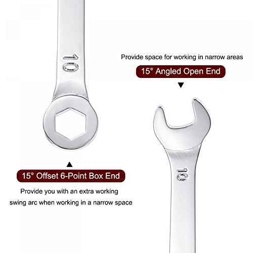 uxcell Thin Combination Wrench with Offset 6-Point End and Angled Open End, Metric Mirror-Chrome Plated High Carbon Steel, for Household Repairs, 10mm