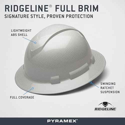 Pyramex Ridgeline Full Brim Hard Hat 4 Point Ratchet Shiny White Graphite Pattern
