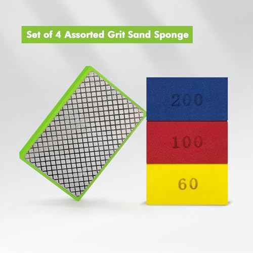 Diamond Hand Polishing Pads, Diamond Sanding Pads for Ceramic Tile Glass Stone Granite Wood Marble Metal, 4PCS Foam Backing Grinding Blocks Grit 60#,100#,200#,400#, Tile Tools