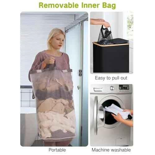 efluky Double Laundry Hamper with Wheels, Divided Laundry Hamper with Removable Bags, 2 Section Dirty Clothes Basket with Handles for Bathroom, Bedroom & Laundry Room, 160L Dark Black