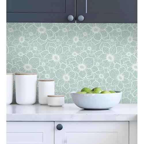 GloryTik Peel and Stick Wallpaper Boho Floral Contact Paper Grey Green Removable Self Adhesive Wall Paper Stick on Wallpaper for Bedroom Bathroom Cabinets Decor Vinyl Roll 17.3"¡¿ 78.7"