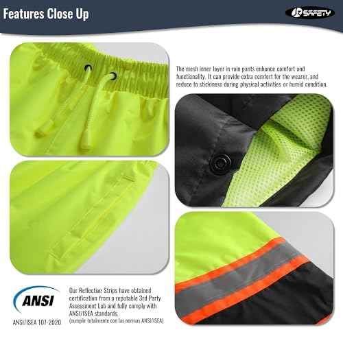 JKSafety Hi-Vis Rain Pants for Men Women Waterproof 3M Scotchlite Reflective Safety Trousers Water-Resistance HV Gears for Farming Fishing Sports Works Inner Mesh Lining (114-YBlk XL)