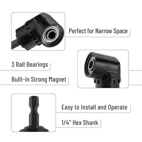 Bates- Socket Adapter Extension Set with Right Angle Drill Attachment, 4 pcs, 1/2" 1/4" 3/8" Impact Socket Adapter Set, 105 Degree Right Angle Drill Adapter, Screwdriver Drill Bit Set