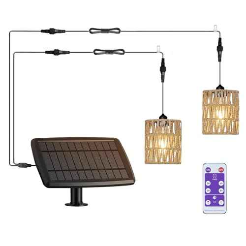 Outdoor Solar Chandelier Indoor Gazebo Lights Waterproof Pendant Hanging Light for Pergola Porch Patio Decor Boho Rattan Lampshade Farmhouse Shed USB Powered Accessories Dimmable Remote