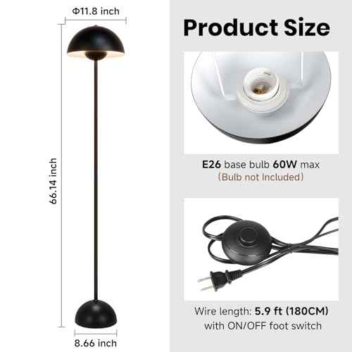 Black Floor Lamp for Living Room, 66'' Industrial Standing Lamp with Unique Metal Shade&Base Reflecting Light Tall Retro Lamp for Bedroom, Black