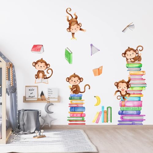 Monkey Wall Decals Animals Monkey Reading Books Wall Stickers for Baby Nursery Bedroom Classroom Wall Decor