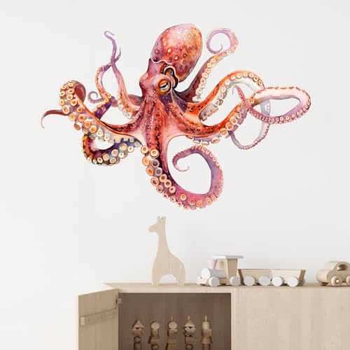 Lifelike Red Octopus Wall Decal Nursery Sea Animal Wall Sticker for Bathroom Removable Peel and Stick Waterproof Wall Art Decor Stickers for Kids Baby Classroom Living Room Playing Room