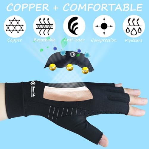 2 Pairs Compression Gloves for Women and Men, Fingerless Copper Arthritis Gloves for Rheumatoid Arthritis Osteoarthritis Carpal Tunnel, Hand Pain Relief and Support, Open Finger (Black, Large)