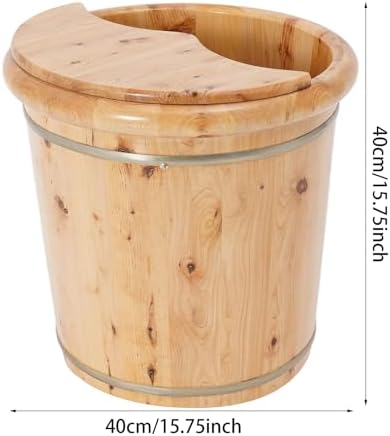 Wood Foot Bath Bucket with Lid & Stool, 15.75 Inch Solid Natural Wood Foot Tub, Pedicure Bowl Soaking Tub to Relieve Stress, Pedicure Soak, Massage & Relaxation