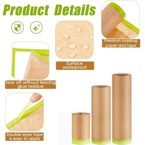 Masking Paper, 3 Size Tape and Drape Painters Paper, Plastic Painting Film, Paint Plastic Covering for Wall Covering Car Auto Body Paint Supplies, 3 Rolls