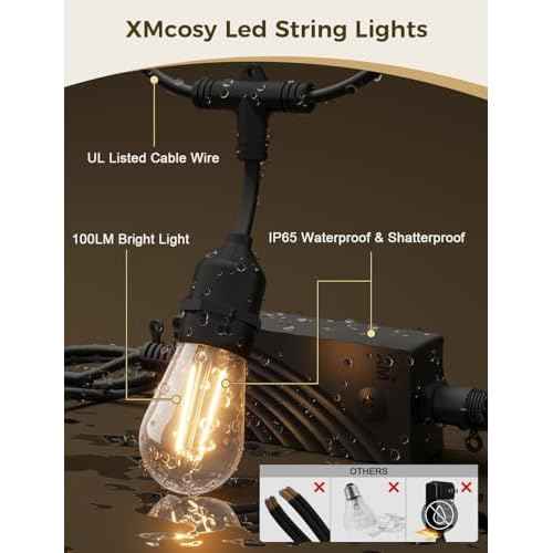 XMCOSY+ Smart Patio Lights 49Ft LED Outdoor String Lights Waterproof IP65, App Control, Compatible with Alexa, Dimmable Edison Bulbs Outdoor Light for Yard Porch Bistro Outside
