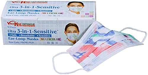 ValuMax 5630E-PGO Ultra-3-In-1 Sensitive Disposable Earloop Face Masks, Cellulose Inner Layer, High Filtration, PGO Multicolor, Box of 50