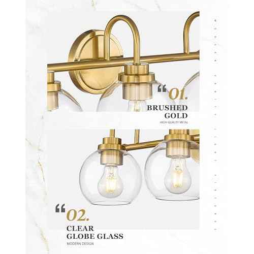Bathroom Light Fixtures, 2-Light Brushed Gold Vanity Lights with Globe Clear Glass, Champagne Bronze Vanity Lighting Fixtures Over Mirror, AD-22280-2W-GD