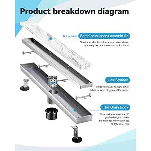 Shower Drain, 2 in 1 Linear Shower Drain 18 Inch(Brushed Nickel), 304 Stainless Steel Shower Floor Drain with Tile Insert Grate,Adjustable Feet,Hair Filter