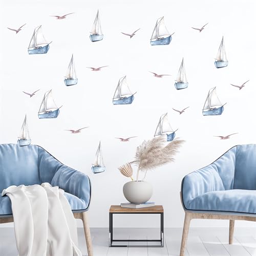 6 Sheets 48 Pcs Blue Sailboats Gulls Ins Style Wall Stickers, sacinora Travel Adventure Wanderlust Sailboat Nautical DIY Wall Decals Removable Vinyl Peel and Stick for Nursery Bedroom Playroom Decor