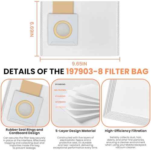 Zookpr 10-Pack 197903-8 Filter Bag for Makita Vacuum Filters 18V X2 LXT Backpack Vacuum Models XCV05, XCV09 and XCV10, White Filter Collector Dust Bag