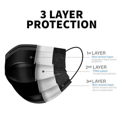 100PCS Black Disposable Face Masks, Non-medical, 3 Layer Protection Face Masks for Adult, Teenager, Seniors (100, Black)