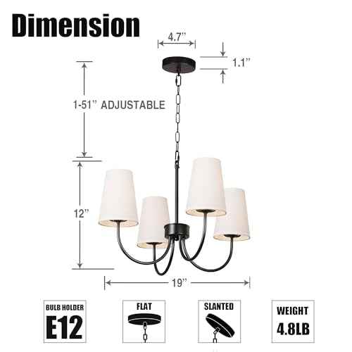 Modern Black Chandeliers for Dining Room, with White Linen Fabric Shade, Adjustable Height Rustic Small Farmhouse Lighting Fixture for Foryer, Entryway, Kitchen, Bedroom (4-Lights)