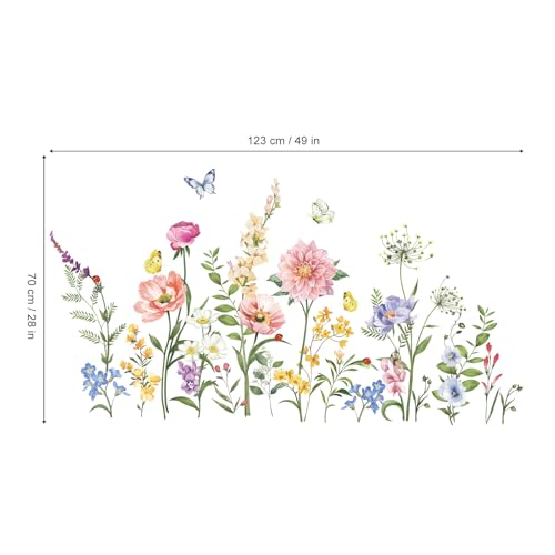 wondever Garden Flower Wall Stickers Poppy Peony Pink Floral Butterflies Peel and Stick Wall Art Decals for Living Room Bedroom TV Background