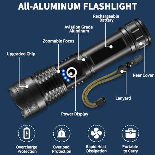 Flashlights High Lumens Rechargeable, 4Pack Rechargeable Flashlights, Super Bright Flashlight, 5Mode Tactical Flashlights High Lumens, LED Flashlight High Powered, Waterproof Flash Light LED