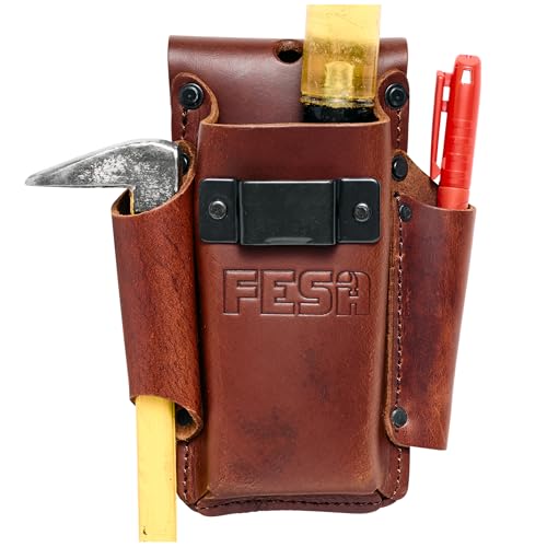 FESA Small Leather Tool Pouch - 4-in-1 Heavy Top Grain Leather Small Tool Pouch with a Tape Measure Holder, 3 Pockets & Reinforced Heavy Duty Rivets - Fits Belts up to 3" - Handcrafted