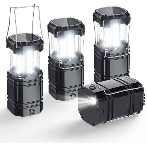Solar Camping Lantern 4 Pack, Rechargeable LED Lantern with Flashlight, USB-C & Solar Powered, Collapsible Emergency Lights for Hurricane, Power Outages, Outdoor Use