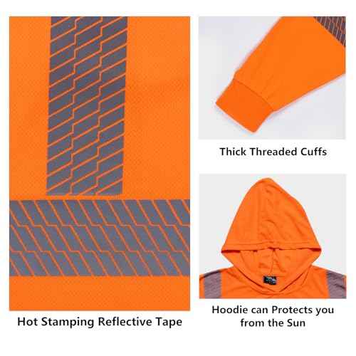 VENDACE Safety Reflective High Visibility Long Sleeve Shirts with Hood Class 3 Hi Vis Construction Work Shirts for Men