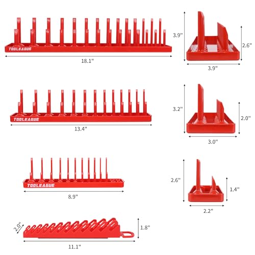 TOOLEAGUE 7Pcs Socket Organizer Tray and Magnetic Wrench Holder Set,Red SAE & Black Metric, 1/2", 1/4", 3/8" Socket Storage Trays for Tool Box Drawer