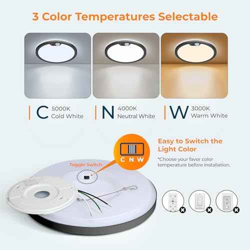 BLNAN Motion Sensor Ceiling Light Wired, 8.7 Inch 3000K 4000K 5000K Selectable LED Flush Mount Light Fixture, Motion Activated Light with Timer for Hallway Stair Walk-in Closet, Black Frame, 4 Pack