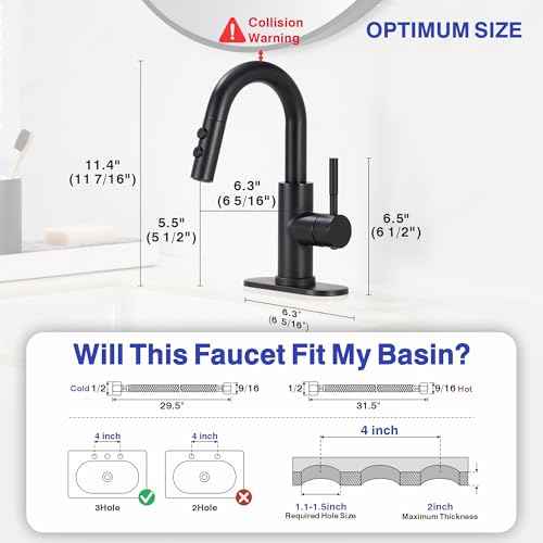 Bathroom Sink Faucet with Pull Down Sprayer, Matte Black Single Handle Pull Out Faucet with Pop-Up Drain, 1 or 3 Hole Laundry Bar Basin Faucet with Deck Plate, KBL-7002B-CL2