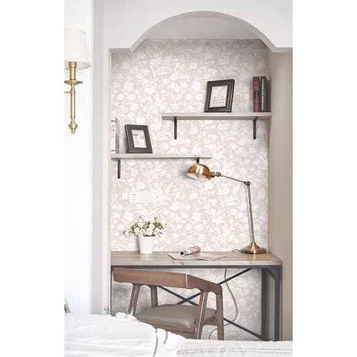 LiKiLiKi Peel and Stick Wall Paper Khaki and White Floral Wallpaper Modern Boho Self Adhesive Waterproof Removable Contact Paper for Living Room Bedroom Bathroom Cabines Kitchen Vinyl Roll 17.3"x118"