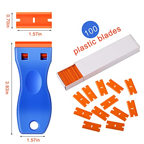 Plastic Razor Blade Scraper, 4 Pieces Scraper Tools with 100 Pieces Plastic Blades for Gasket Remover, Stickers, Decals, Adhesive, Labels, Paint, Glass, Car, Windows