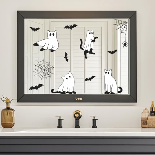 IARTTOP Happy Halloween Window Clings Sticker (100x30cm) Ghost Boo Wall Decals Spider Web Bat Window Stickers Halloween Black Cats Double Sided Decals for Glass Party Home Decoration