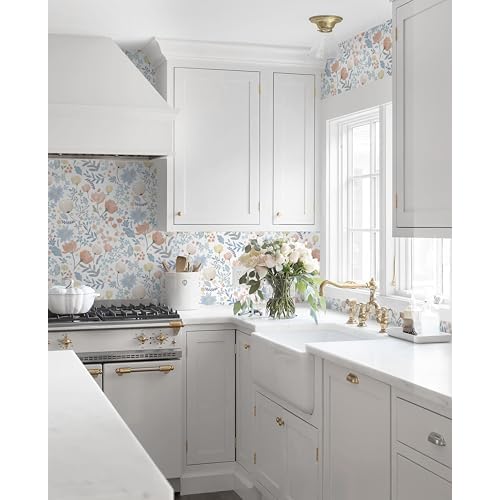 Yasinet Floral Wallpaper Removable Contact Paper Peel and Stick Wall Paper Boho Modern Pink and Blue Flower Wallpaper for Bedroom Bathroom Cabinets Self Adhesive Vinyl 17.3"x78.7"
