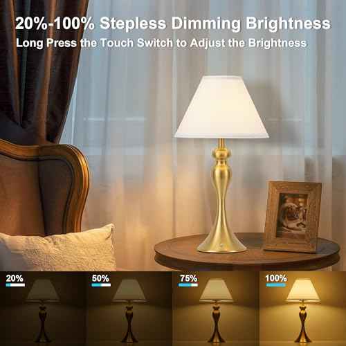 Cordless Bedside Lamp for Living Room, Table Lamp for Bedroom, 3-Way Dimmable Nightstand Lamp with Fabric Shade, Rechargeable Touch Led Desk Lamp Battery Operated Lamp for Dorm, Home Office (Brass)