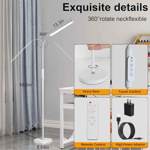 Bright LED Floor Lamps Touch and Remote Dimming for Eyelash Extension Tattoo Manicure Craft Drawing Makeup Living Room Bedroom Office Adjustable Gooseneck Standing Reading Lights esthetician lash lamp