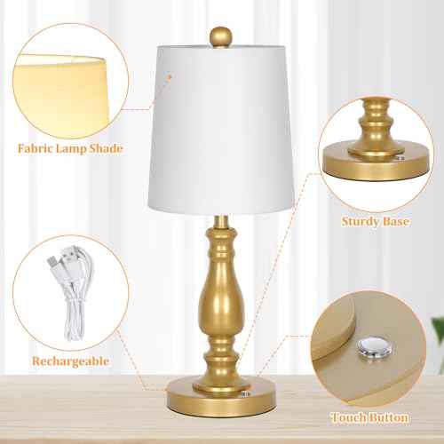 Dott Arts Cordless lamp Table Lamps Set of 2, Battery Powered Rechargeable lamp 3-Way Dimmable Modern Nightstand Lamp Sets Bedside Touch Desk Lamp for Bedroom Living Room, LED Bulbs Included(Gold)