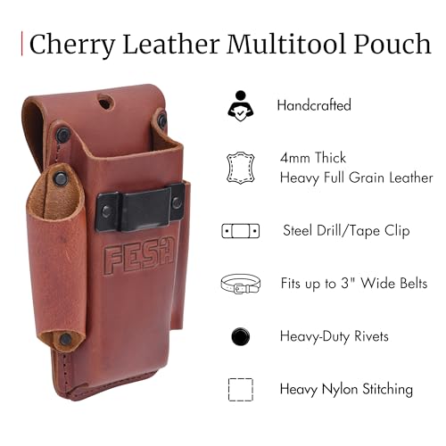 FESA Small Leather Tool Pouch - 4-in-1 Heavy Top Grain Leather Small Tool Pouch with a Tape Measure Holder, 3 Pockets & Reinforced Heavy Duty Rivets - Fits Belts up to 3" - Handcrafted