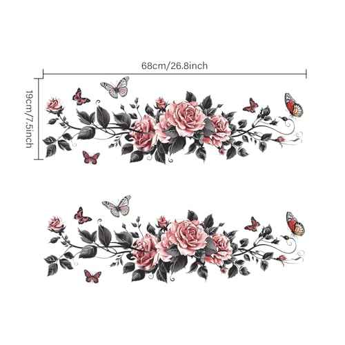 Black Butterflies Rose Wall Decals Pink Flower Vines Wall Stickers Vinyl Floral Wall Art Decor for Girls Bedroom Bathroom Beauty Salon Window Door Decorations