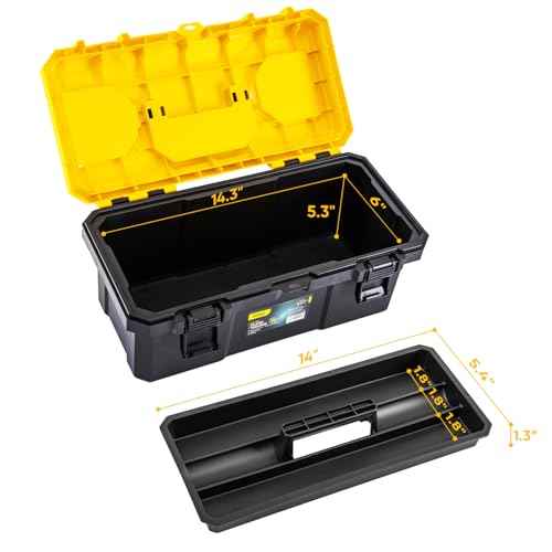 DELI 16-inch Tool Box with Removable Tray, Small Parts Organizer in Lid, Plastic Small Tool Box with Lock Secured and Handle, Black/Yellow