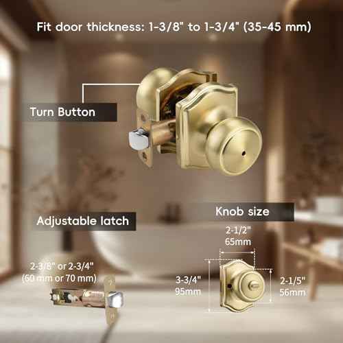 6 Pack Gold Door Knobs with Camelot Trim,Interior Door Knob with Lock,Coastal Privacy Door knob for Bath and Bedroom, Satin Brass