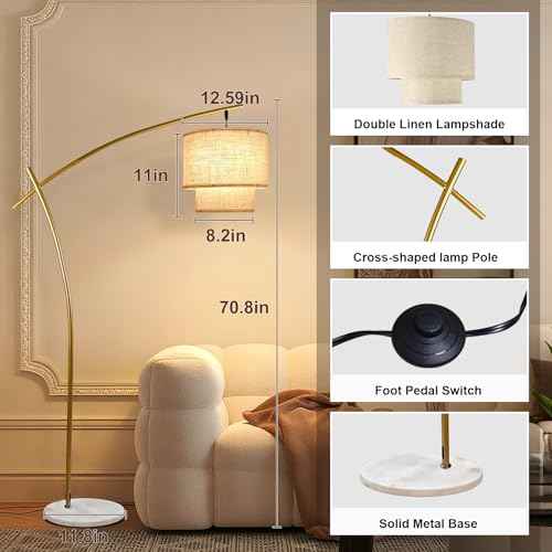 Lightdot Arc Floor Lamp for Living Room, Modern Standing Tall Lamps with Double Linen Lampshade, Tall Hanging Pole Lamp with Stable Metal Base & Foot Switch for Bedroom Home Office-Gold
