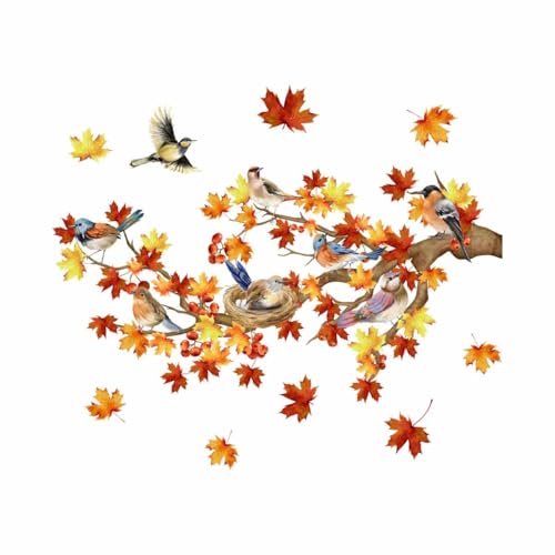 Autumn Maple Leaf Window Clings ? Double-Sided Thanksgiving Tree Branches with Birds & Nest, Removable Fall Glass Door Stickers for Home Bedroom Living Room Farmhouse Decor