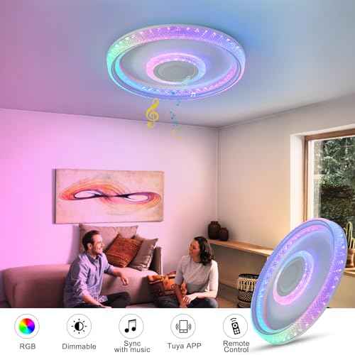 Bathroom Ceiling Light, Waterproof Shower Light with Bluetooth Speaker, Flush Mount Lighting Fixture Dimmable RGB Color Change, App+Remote Control Led Music Ceiling Lamp for Kids Room Bedroom