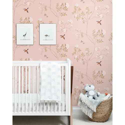 Hopepak Pink Peel and Stick Wallpaper Floral Contact Paper Self Adhesive Removable Wall Paper for Bedroom Bathroom Nursery Decor 15.3''x78.7''