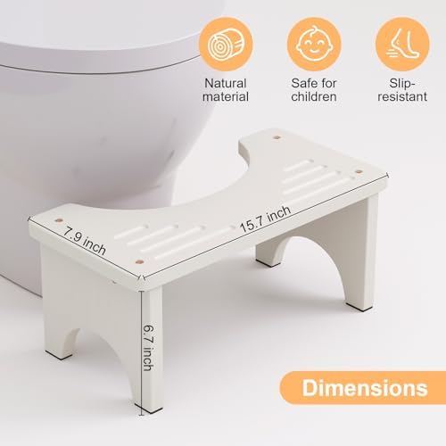 Wooden Squatting Toilet Stool for Adults, 6.7" Height Poop Stool Squat Adult, Non-Slip Potty Step Stool for Bathroom, Space-Saving Bamboo Pooping Stool, White