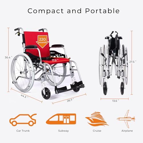SUMELL Magnesium Lightweight Wheelchair - FSA HSA Eligible 21lbs Self propelled Chair with Travel Bag and Cushion, Portable and Folding 17.5” W Seat, Park & Brake Anti Tipper, Ultra Light, Red